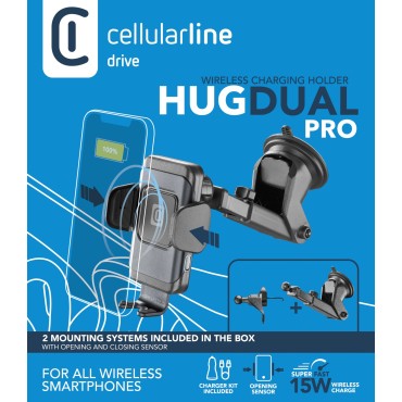 CELLULARLINE HUG DUAL PRO ÇİFT SABİTLEME SİSTEMLİ 15W KABLOSUZ ARAÇ TELEFON TUTUCU