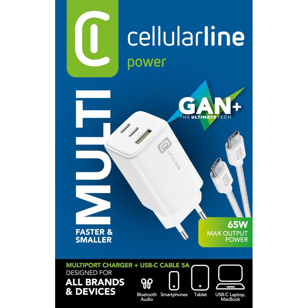 CELLULARLINE MUL Tl POWER 65W GAN 3 PORT ADAPTOR + 100 CM 5A DAYANIKLI ORGÜ USB-C
