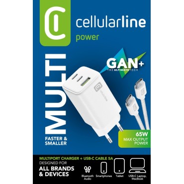 CELLULARLINE MUL Tl POWER 65W GAN 3 PORT ADAPTOR + 100 CM 5A DAYANIKLI ORGÜ USB-C