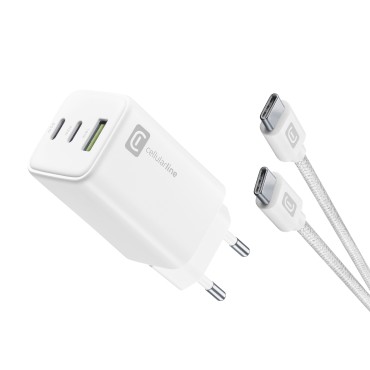 CELLULARLINE MUL Tl POWER 65W GAN 3 PORT ADAPTOR + 100 CM 5A DAYANIKLI ORGÜ USB-C