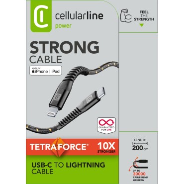 Cellularline Tetra Force Kablo Usb-C - Apple Lightning 200 cm-Siyah